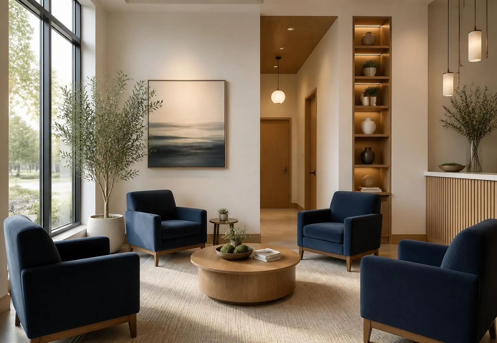 Calm, light-filled ClearPath waiting area with navy armchairs and warm oak accents