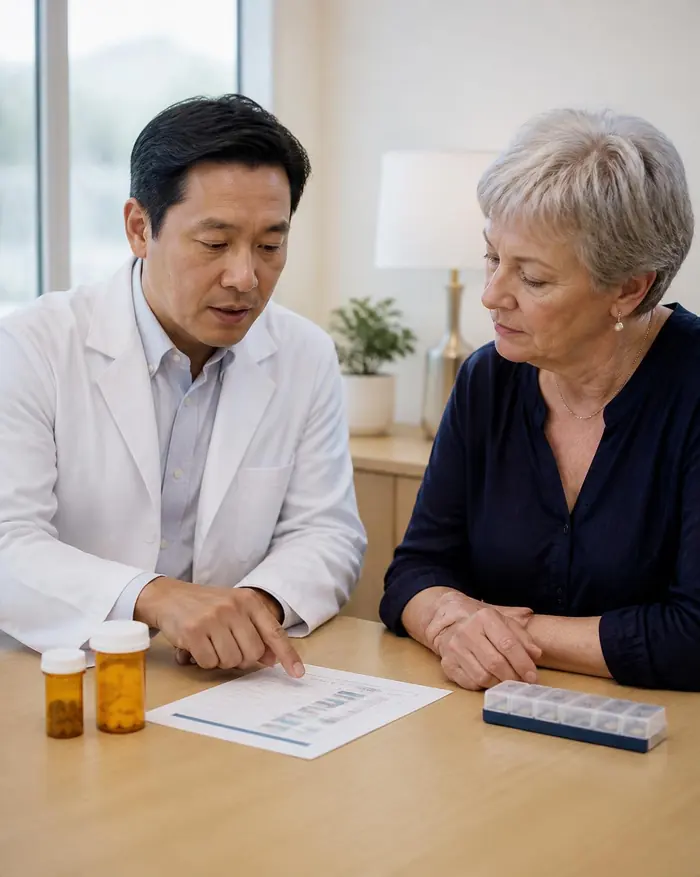 A psychiatric provider reviewing prescription medications and a medication plan with a patient
