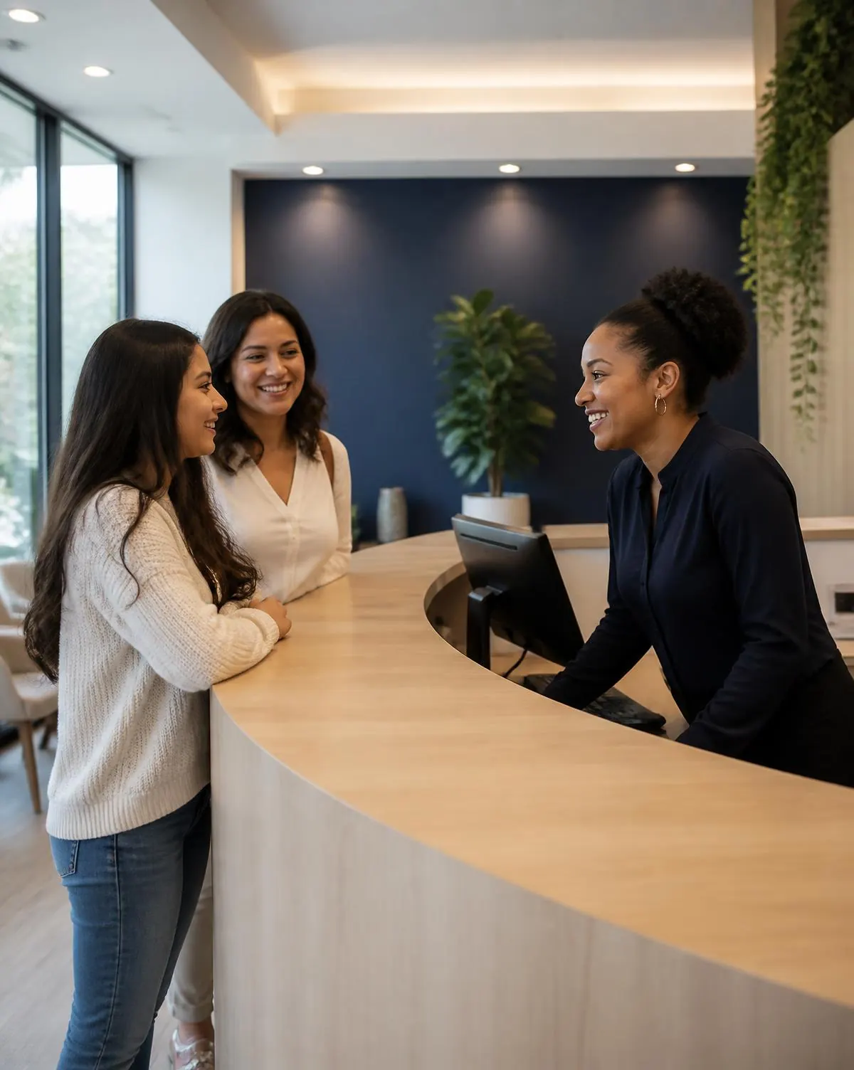 A patient and her mother being warmly welcomed at the ClearPath reception desk